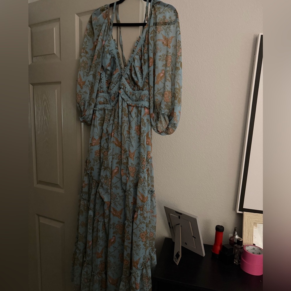 Free People Long Sleeve Floral Dress in Blue and Brown